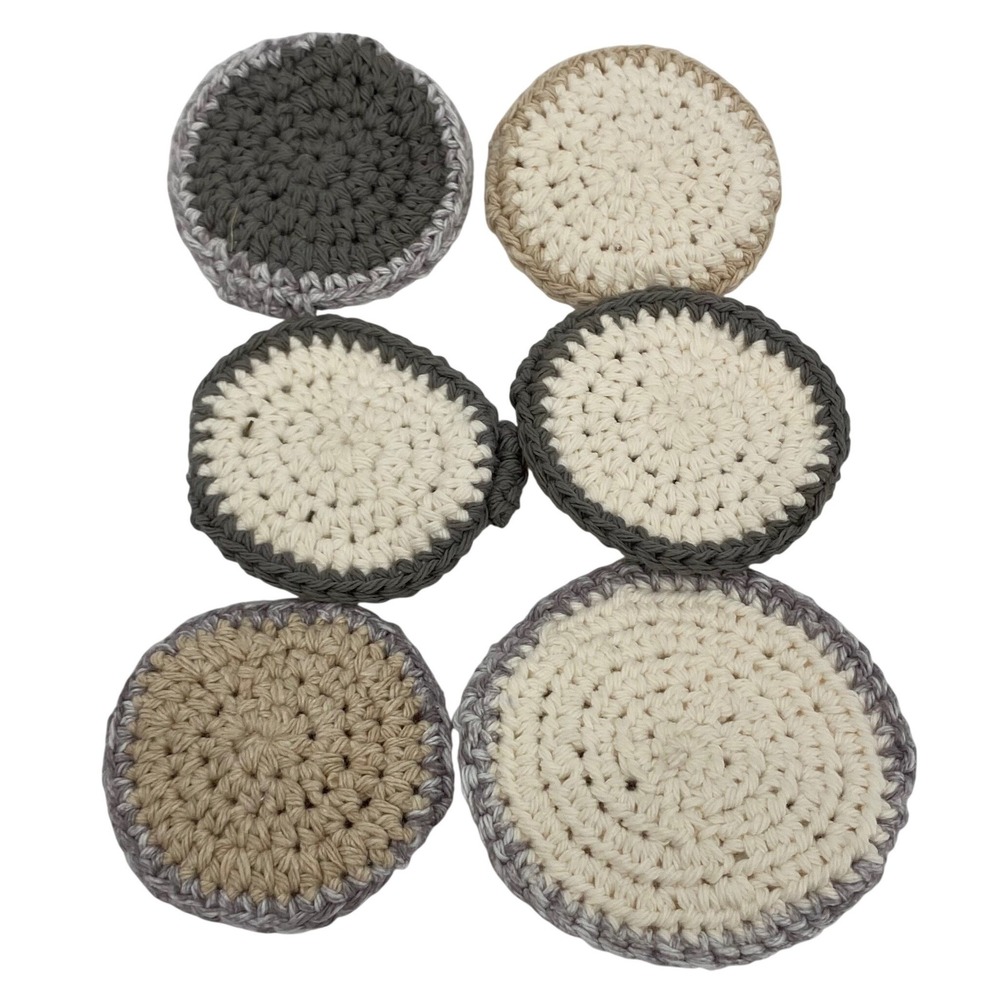 Handmade Crochet Reusable Facial Rounds Set of 6 Neutral Grey Tan Cream Scrubbie